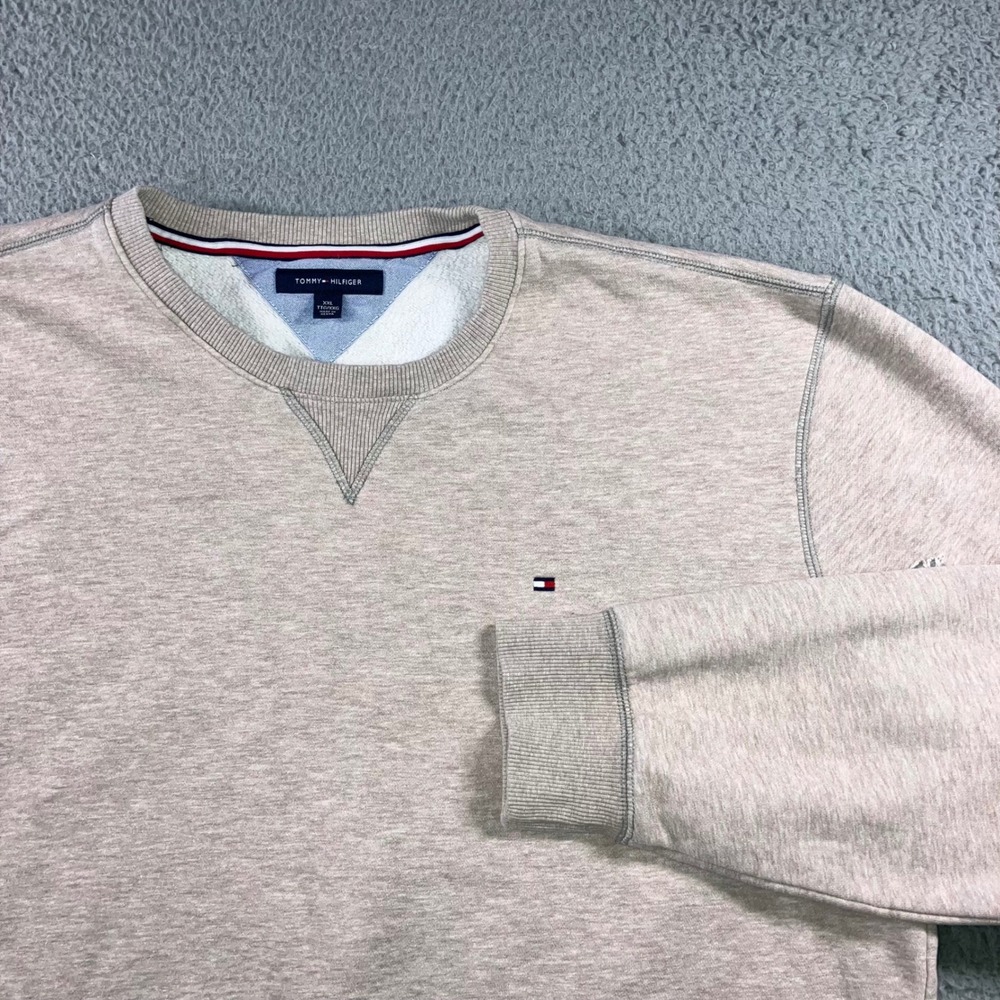 Tommy Hilfiger Crewneck Sweatshirt XXL Oatmeal Beige V-Stitch Flag Logo Pullover